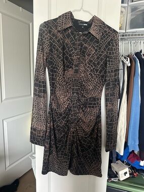 Fashion Nova Brown Croc-Print Long Sleeve Button Dress